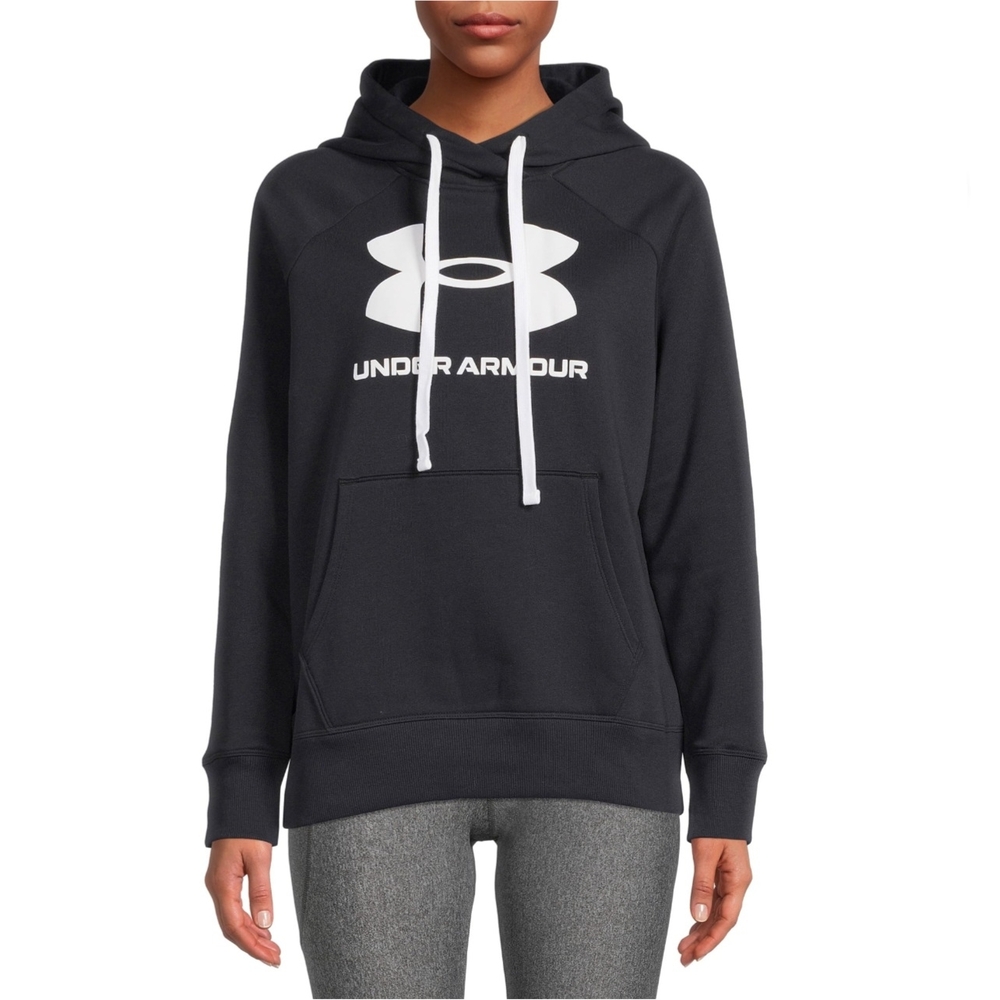 Under Armour Rival Fleece Logo Hoodie Black White Small Loose Fit